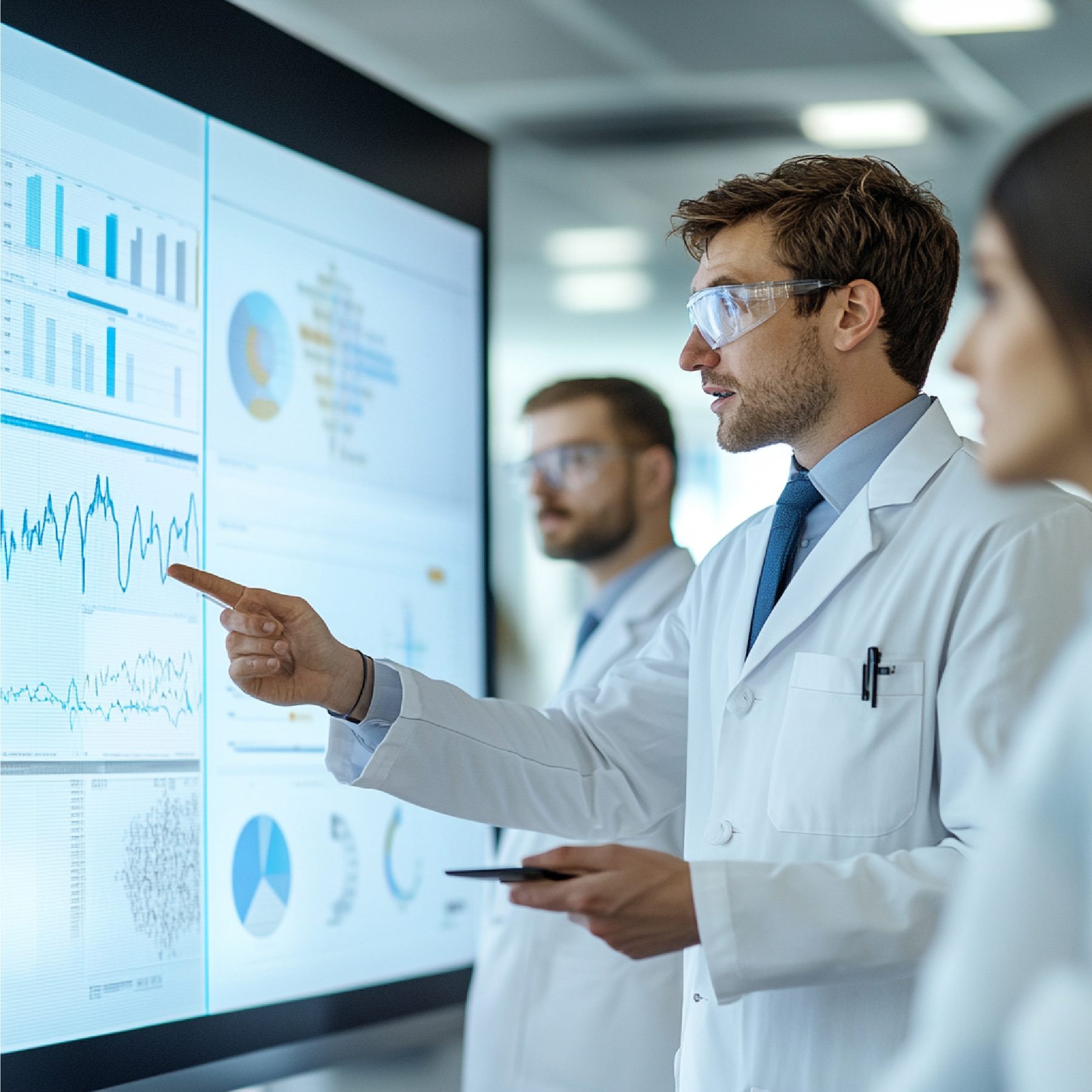 Équipe scientifique analysant des tableaux de bord de formation